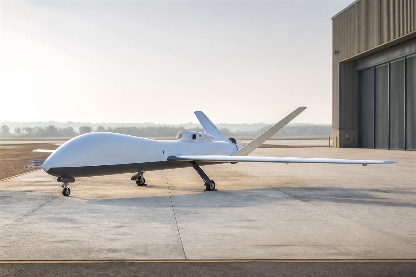 Unmanned fixed-wing aircraft on an airfield apron